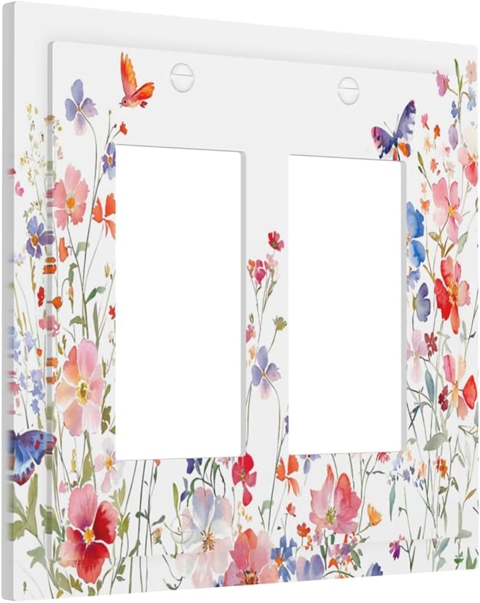 Colorful Flower Watercolor Floral Butterfly Bird Decorative Outlet Covers 2 Gang Double GFCI Rocker Electrical Wall Panels Light Switch Cover Plate for Bedroom Living Room Decor