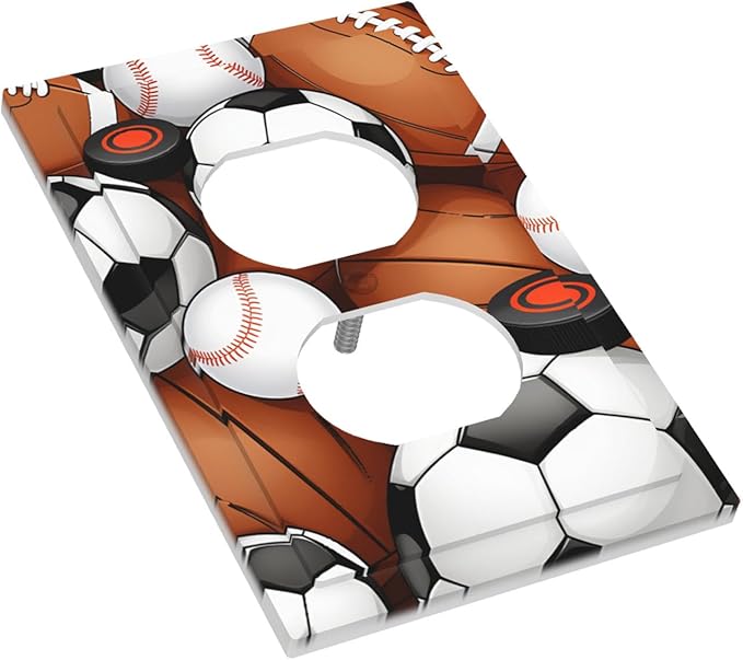 All-Star Sports Balls Collage Duplex Wall Plate - 1-Gang Standard US Size Football Baseball Soccer Game Day Themed Outlet Covers for Boy's Bedroom Decor
