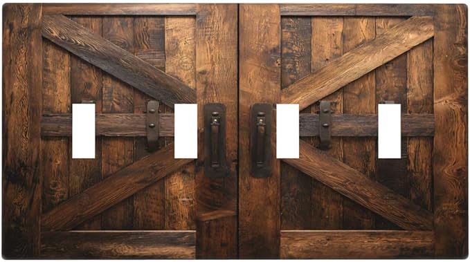 Decorative Light Switch Cover Plate Retro Brown Wood Barndoor 4 Gang Wall Plates for Electrical Quad Toggle Switch Plate Covers Outlet Covers Faceplate for Farmhouse Home Decor