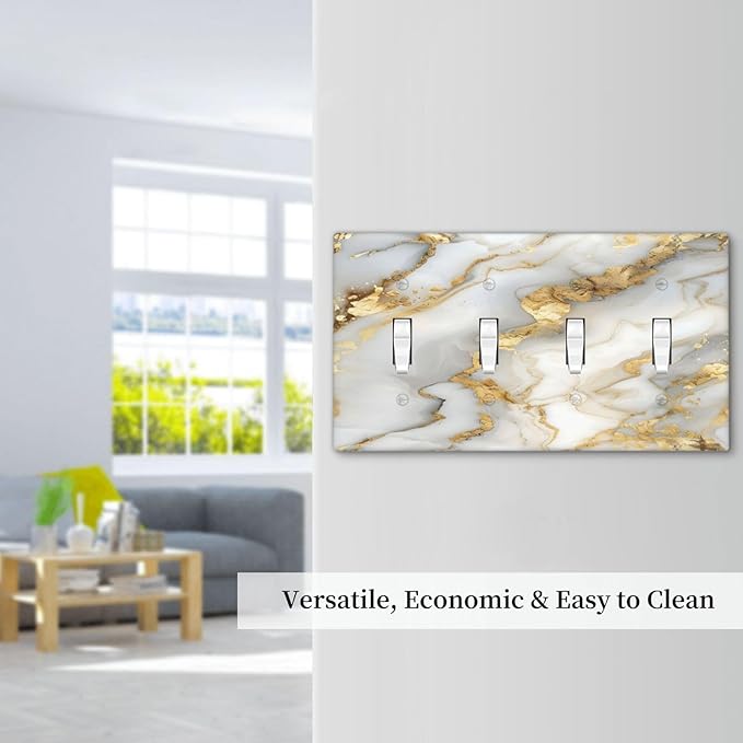 Luxurious White Gold Marble Patterns Abstract Light Switch Covers Quad Toggle Electrical Faceplate 4 Gang Wall Plate Decorative Switch Plates Cover for Bathroom Kitchen Decor