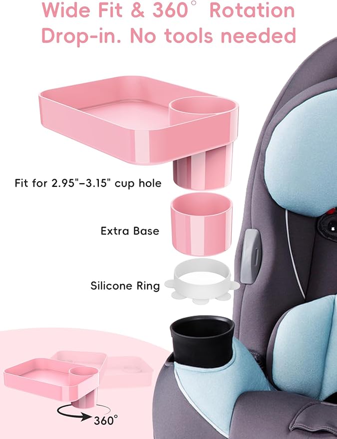 Car Seat Cup Holder Snack Tray for Kids, Reduces Mess, Detachable Large Base & Adjustable Ring, Carseat Tray for Toddler, Car Seat Food Tray Eating Table for Kids Travel Road Trip -Pink