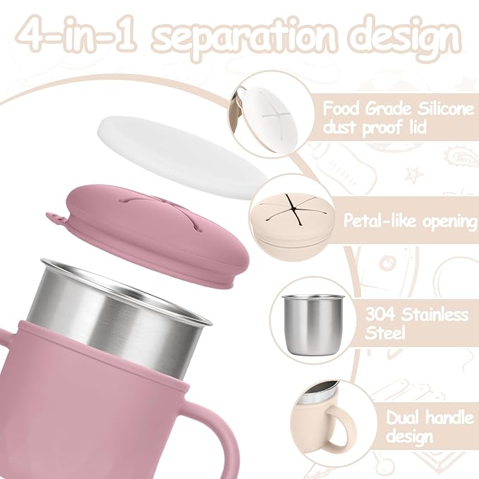 Mity rain 2-Pack Stainless Steel Snack Containers, 4-in-1 Spill proof Snack Cups With Silicone Lid and Handle, Dishwasher Safe Travel Snack Containers for Kids and Infants ((Pink + Yellow)