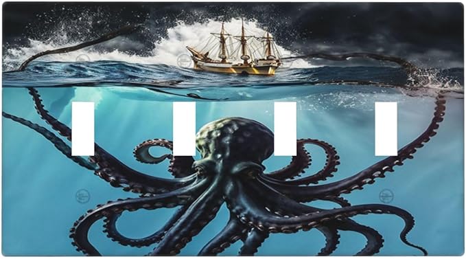 Light Switch Cover Plate Black Ocean Nautical Octopus Ship Funny Kraken 4 Gang Switch Plate Covers Quad Toggle Wall Plates Decorative Switchplate Electrical Faceplate for Bathroom Home Decor