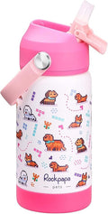 rockpapa 14 oz Kids Insulated Water Bottle，Stainless Steel Toddler Cups with Straws, BPA Free, Leak-Proof, Kids Water Bottle for School Boys& Girls (White Pets Dog)