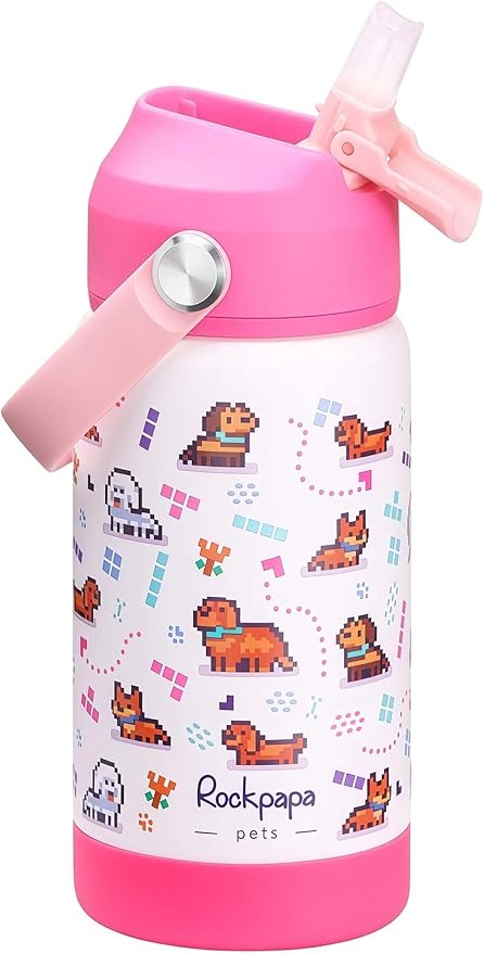 rockpapa 14 oz Kids Insulated Water Bottle，Stainless Steel Toddler Cups with Straws, BPA Free, Leak-Proof, Kids Water Bottle for School Boys& Girls (White Pets Dog)