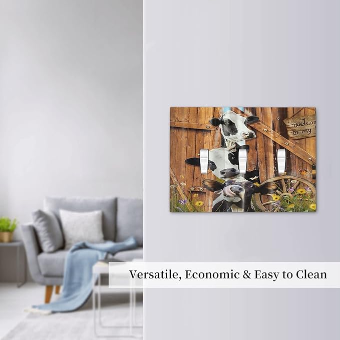Decorative Switch Plate Covers Farm Cow Farmhouse Barn Door Rustic Vintage Wooden 3 Gang Light Switch Cover Country Wildlife Funny Triple Toggle Wall Plate Electrical Faceplate
