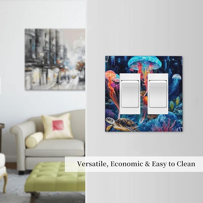 Jellyfish Sea Turtle Fantasy Ocean Coral Underwater World Decorative Outlet Covers 2 Gang Double GFCI Rocker Electrical Wall Panels Light Switch Cover Plate for Nursery Kids Room Decor