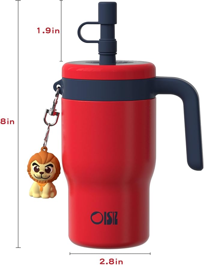 OISIZ 14oz Kids Tumbler with Straw Lid & Handle,Kids Cup with Animal Accessory for School,Kids Water Bottles with Dust-proof Cover,Leakproof Water Bottles,316 Stainless Steel,Keep Cold 24 Hours-red