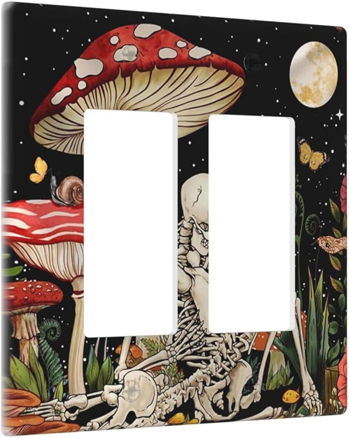 Mushroom Skull Skeleton Moon Star Plants Flora Light Switch Cover Double Rocker Wall Plate 2 Gang Decorative Gfci Electrical Switchplate Home for Bathroom Bedroom Kitchen Decor 4.6"X4.5"