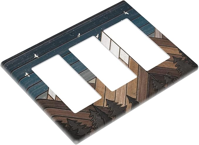 Rustic Geometric Mountain Wilderness Wood 3 Gang Wall Plate Triple Rocker Light Switch Cover Decorative Switch Plates Outlet Covers Electrical GFCI Faceplate for Bathroom Kitchen Art Decor Accessories