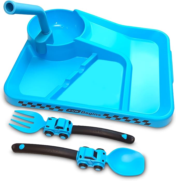 Deinyi Construction Toddler Plates - Construction Utensils for Toddlers - Easter and Birthday Gift Toddler Utensils for 1 2 3 4 5 6 7 year - Blue