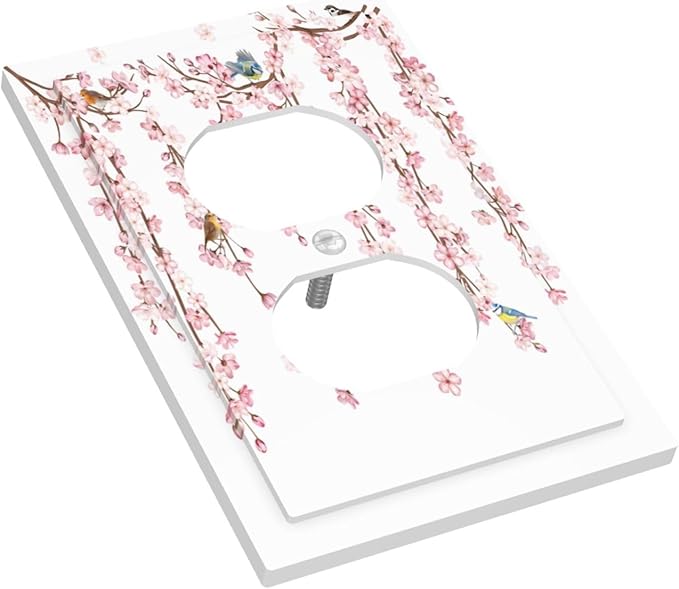 Pink Cherry Blossom Flower Vine Floral Tree Branch Birds Outlet Covers 1 Gang Duplex Light Switch Cover Decorative Switch Plates Electrical Receptacle Faceplate Wall Plate for Bedroom Living Room