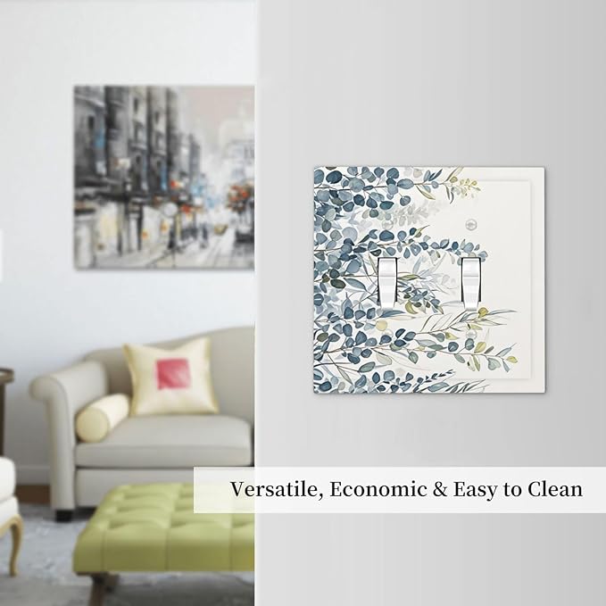 Decorative Switch Plate Cover with Green & Blue Watercolor Eucalyptus Botanical Foliage Design 2 Gang Wall Plate Unique Double Toggle Double Light Switch Covers for Contemporary Living Room
