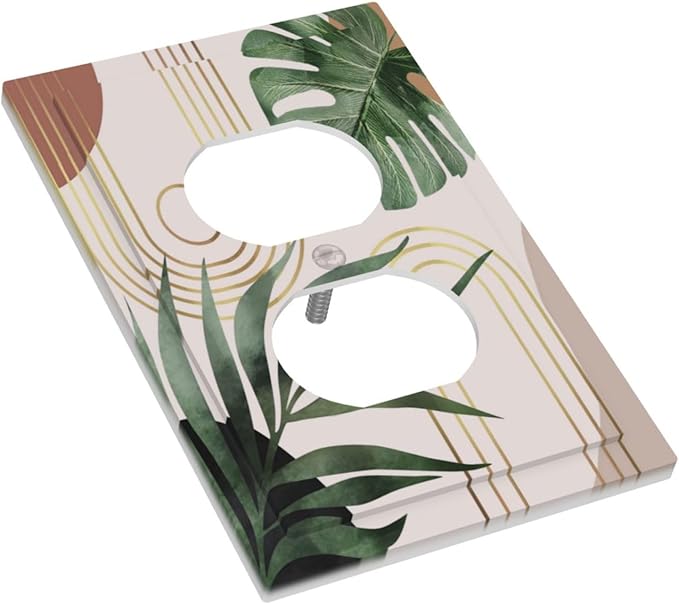 70s Tan Beige Boho Bohemian Palm Leaf 1-Gang Duplex Receptacle Wall Plate Outlet Cover Mid Century Botanical Aesthetic Abstract Art Sun Electrical One Gang Device Light Switch Faceplate Socket Cover
