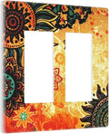 Decorative Boho 2 Gang Double GFCI Decorator Rocker Light Switch Cover Mandala Art, Red/Burnt Orange Vintage Floral Flower Sunflower Hippie Outlet Wall Plate Electrical Faceplate Cover Screwless