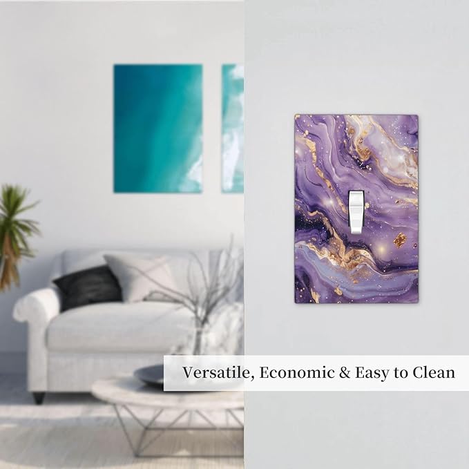 Abstract Purple Gold Marble Texure Luxurious Decorative Light Switch Cover 1 Gang Single Toggle Device Electrical Faceplate Switchplates Decorator Outlet Wall Plate for Bathroom Living Room Decor