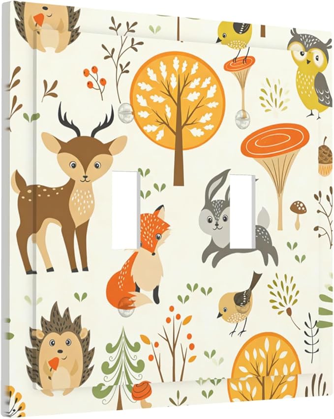 Cute Woodland Animals Double Toggle Switch Cover - 2-Gang Standard US Size Forest Pattern Trees Mushrooms and Berries Light Switch Covers for Boys & Girls Bedroom Decor