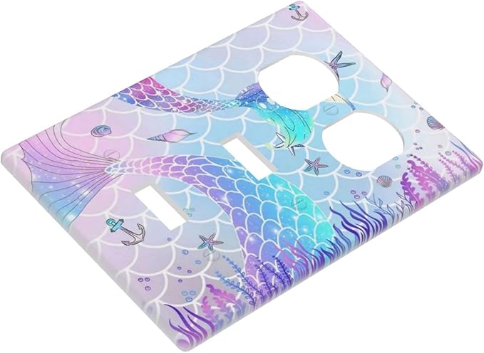 Cartoon Pink Girl Mermaid Scales Tail 3 Gang 2 Toggle 1 Duplex Combination Light Switch Plate Decorative Triple Toggle Wall Plate Cover Electrical Faceplate Switch Face Plate