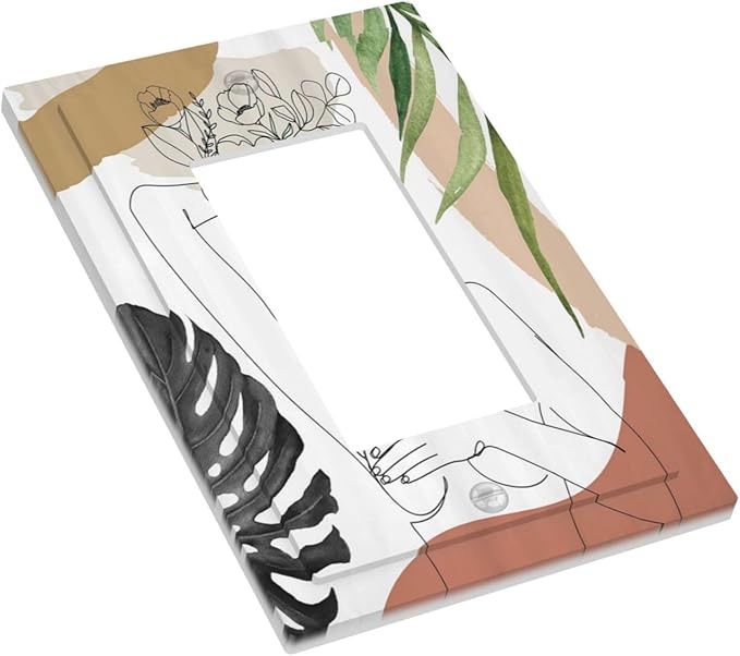 Mid Century Abstract Women Lady Boho Palm Leaf 1 Gang Rocker Light Switch Covers Decorative Unique Single Decora Outlet Wall Plate Faceplate Switchplate GFCI for Bedroom Bathroom Decor
