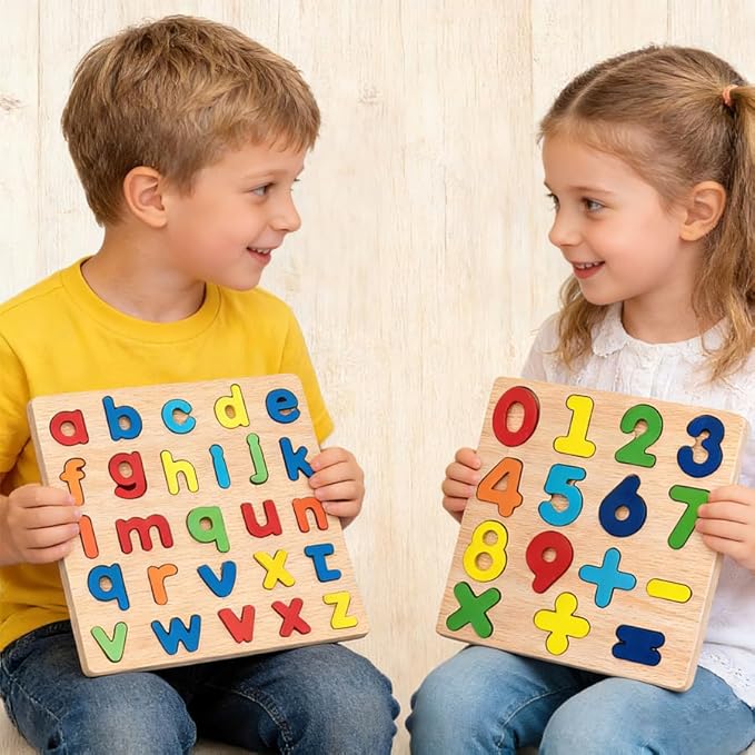 Wooden Puzzles for Toddlers, 2 Pack Alphabet Shape Wooden Puzzles for Kids Montessori Toddler Alphabet Number Shape Learning Puzzle for Kids 3 Years Over Boys & Girls