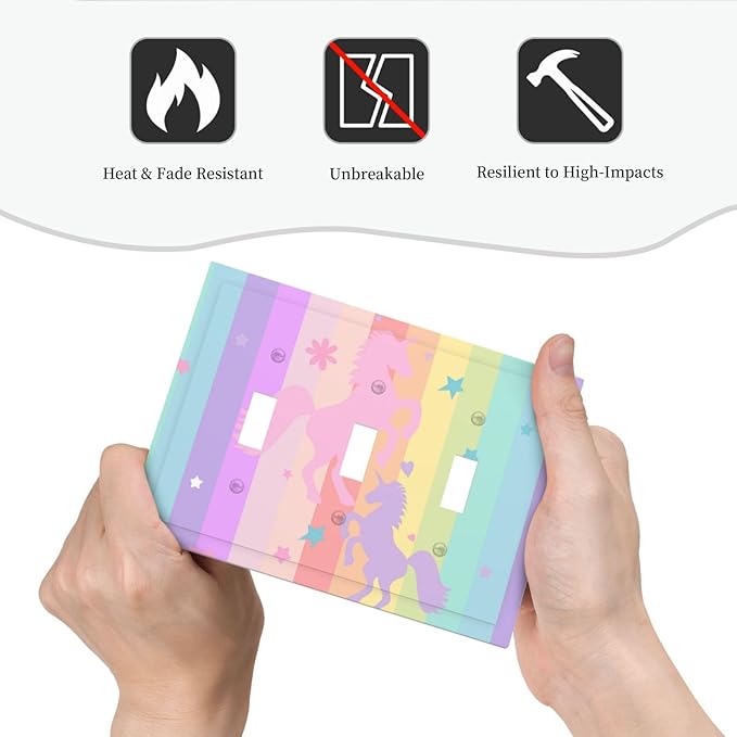 Cute Purple Pink Rainbow Unicorn 3 Gang Light Switch Cover Triple Toggle Wall Plate Decorative Electrical Switchplates Faceplate for Nursery Girls Boys Room Kids Room Home Decor