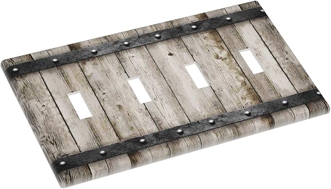 Vintage Retro Western Barn Cabin Wood 4 Gang Quad Toggle Light Switch Cover Plate Decorative Electric Faceplate Decorative Switchplate Screwless
