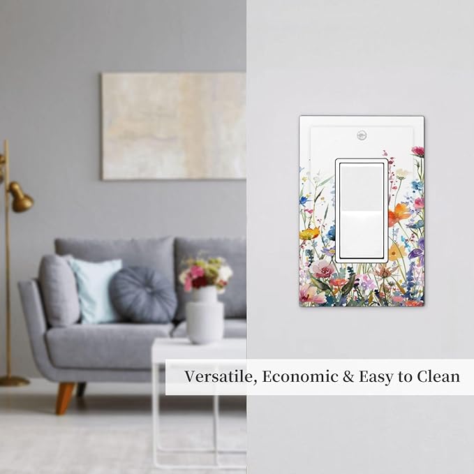 Watercolor Wildflowers Colorful Floral Plant Decorative Outlet Covers 1 Gang Single Rocker Light Switch Cover Plate Wall Plates GFCI Faceplate for Bedroom Living Room Decor