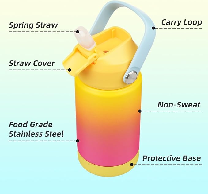 Konokyo Insulated Water Bottle with Straw Lid,12 oz Stainless Steel Vacuum Metal Bottle with Silicone Handle,Rainbow