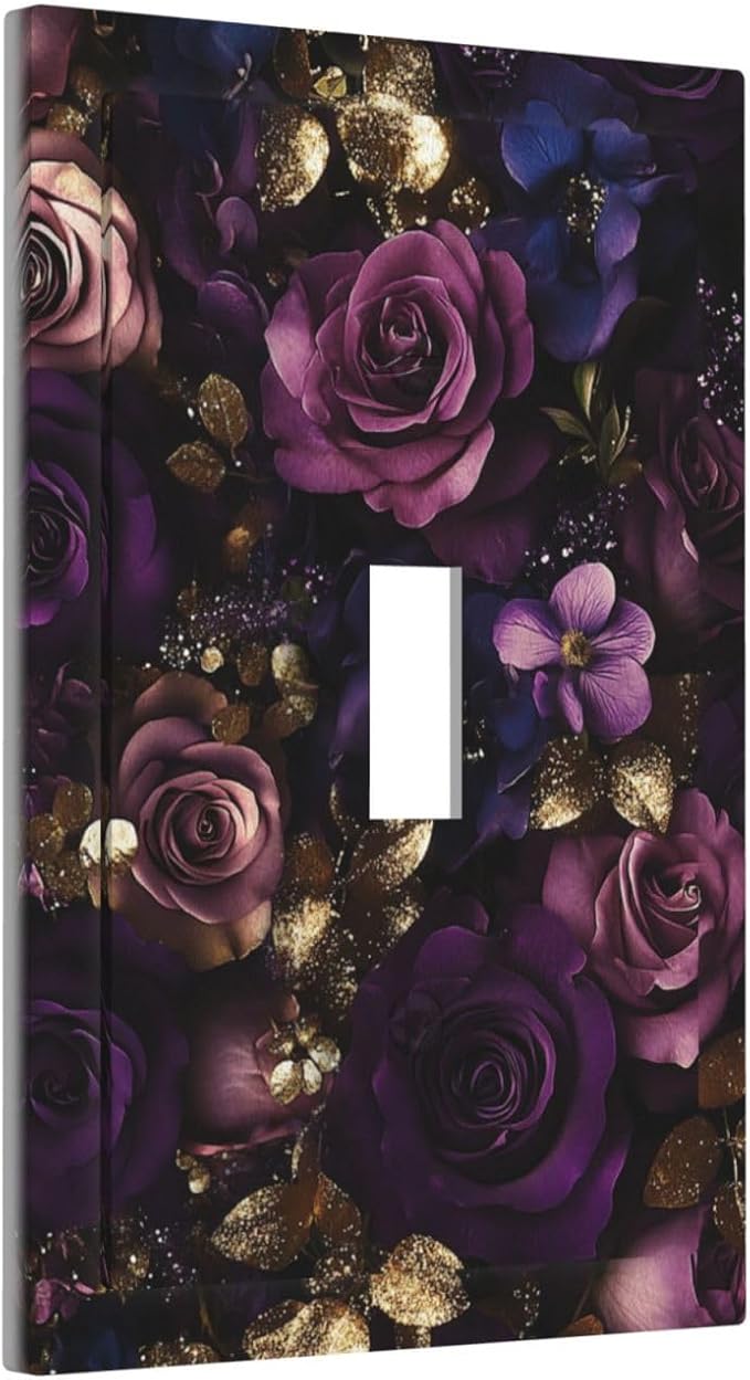 Decorative Switch Cover Plate with Luxurious Purple Roses Gold Accents Leaves Design Single Gang Toggle Switch Plate Light Switch Covers Artistic Faceplate for Romantic Bedroom/Living Room