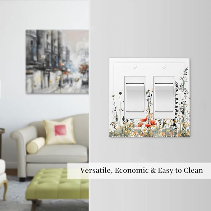 Vintage Country Style Watercolor Leaves Wildflowers Floral Decorative Outlet Covers 2 Gang Double GFCI Rocker Electrical Wall Panels Light Switch Cover Plate for Bedroom Living Room Decor