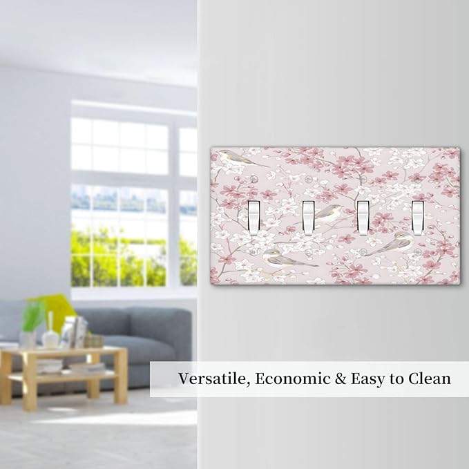 Pink Sakura Cherry Blossom Vintage Bird Floral Flower Light Switch Covers Quad Toggle Electrical Faceplate 4 Gang Wall Plate Decorative Switch Plates Cover for Bedroom Living Room Decor