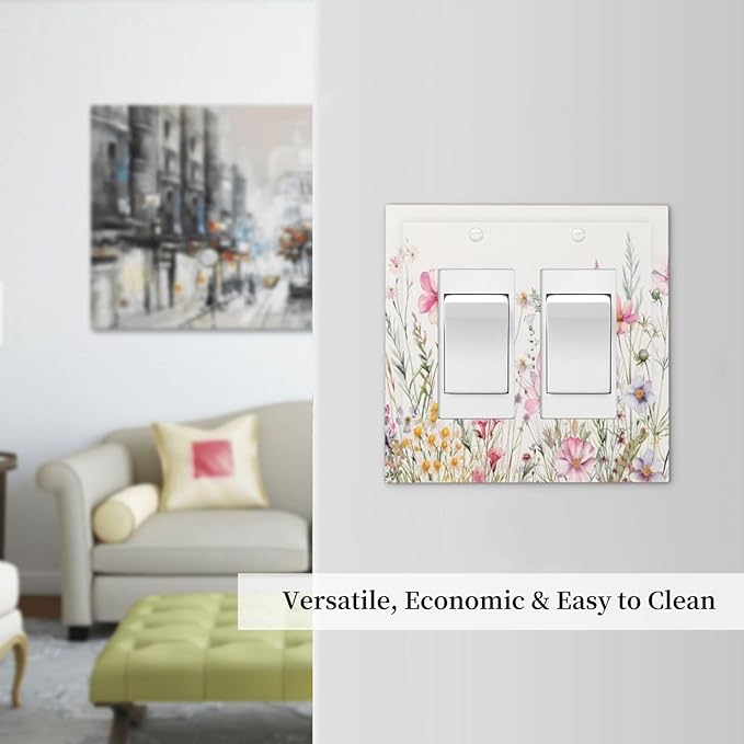 Pink Floral Wild Flowers Watercolor Plants Decorative Outlet Covers 2 Gang Double GFCI Rocker Electrical Wall Panels Light Switch Cover Plate for Bedroom Living Room Decor