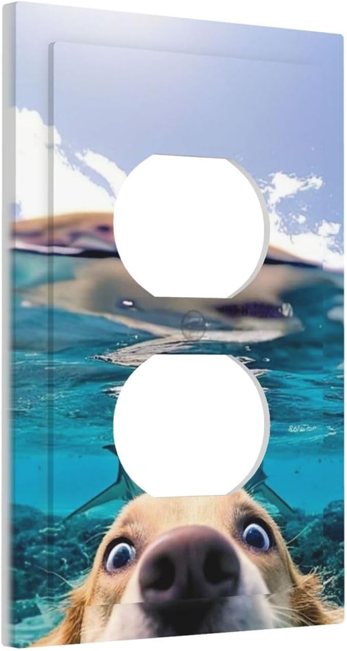 Decorative Outlet Covers Angry Shark Chased Funny Dog Underwater Sea 1 Gang Wall Plate Receptacle Duplex Light Switch Cover Plate Single Dual Plug Covers Electrical Switchplate