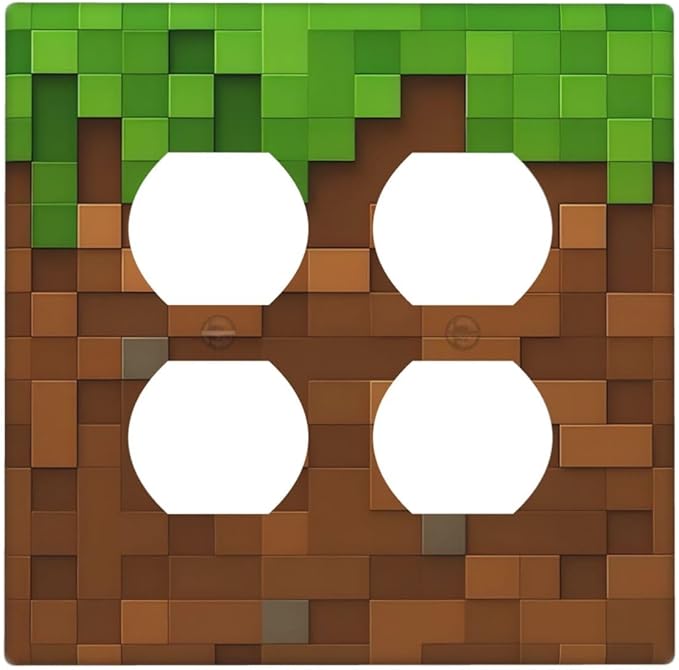 Pixel Style Gamer Themed Grass Block Outlet Covers 2 Gang Double Duplex Decorative Light Switch Covers Electrical Wallplates Socket Faceplate for Kids Room Office Home Decor