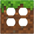 Pixel Style Gamer Themed Grass Block Outlet Covers 2 Gang Double Duplex Decorative Light Switch Covers Electrical Wallplates Socket Faceplate for Kids Room Office Home Decor