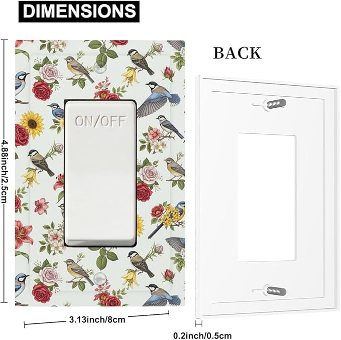 Vintage Birds & Blooms Single Rocker Switch Cover - 1-Gang Standard US Size English Countryside Chintz Light Switch Covers, Botanical Floral & Songbird for Bedroom Decor