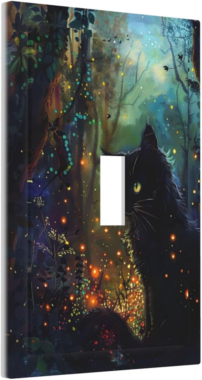 Light Switch Cover Plate Magic Fantasy Forest Mysterious Black Cat 1 Gang Single Toggle Decorative Switch Plates Wall Plates Electrical Faceplate for Kid Room Bathroom Decor