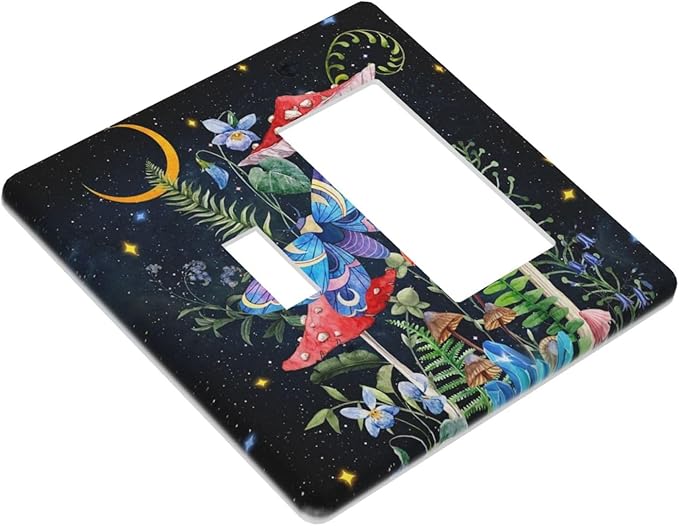 Boho Butterfly Mushrooms Snail 2-Gang 1-Toggle 1-Decorator/GFCI Device Combination Wallplate Starry Moon Night Stars Botanical Moth Dual Combo Toggle Receptacle Outlet Light Switch Cover Face Plate