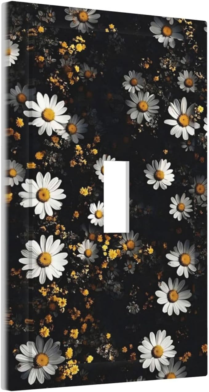 White Black Daisy Wildflower Modern Chrysanthemum Decorative Light Switch Cover 1 Gang Single Toggle Device Electrical Faceplate Switchplates Decorator Outlet Wall Plate for Bedroom Farmhouse Decor
