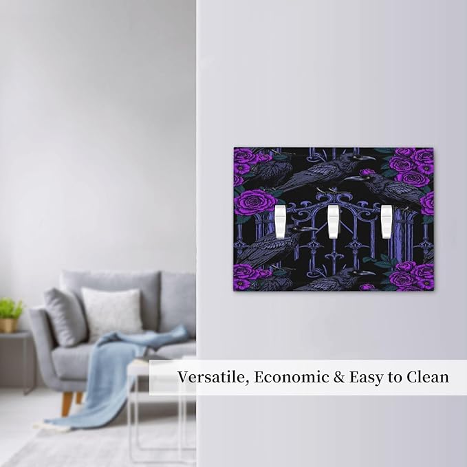 Decorative Switch Plates Gothic Style Crow Purple Flowers 3 Gang Wall Plate Faceplate Triple Toggle Light Switch Cover Electrical Wall Panels for Bedroom living Room Decor