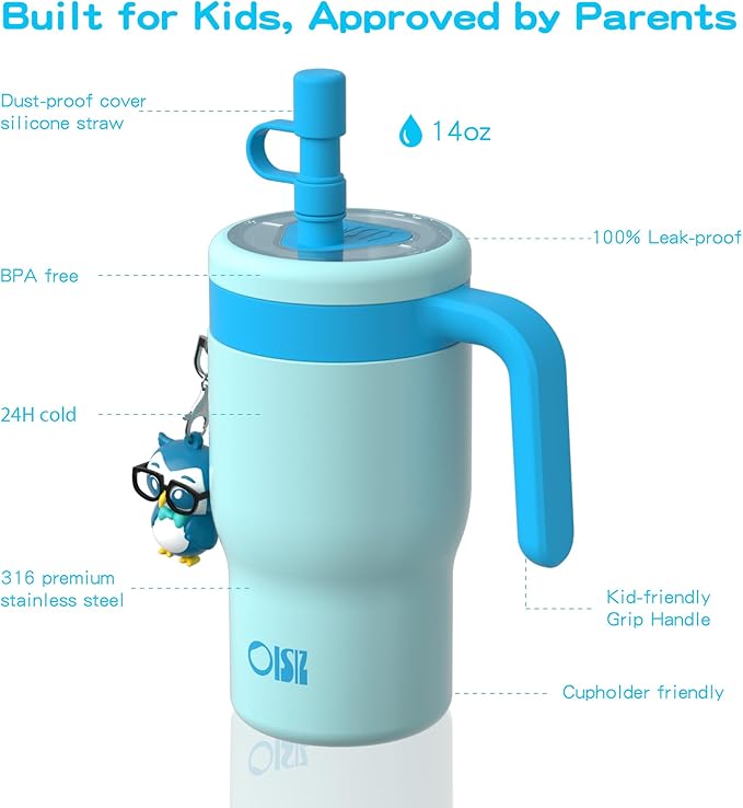 OISIZ 14oz Kids Tumbler with Straw Lid & Handle,Kids Cup with Animal Accessory for School,Kids Water Bottles with Dust-proof Cover,Leakproof Bottles,316 Stainless Steel,Keep Cold 24 Hours-sky blue