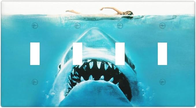 Beach Shark Oceanjaws Movie Vintage Look Light Switch Covers Quad Toggle Electrical Faceplate 4 Gang Wall Plate Decorative Switch Plates Cover for Bathroom Kids Room Decor