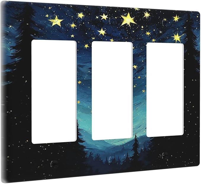 Light Switch Covers Blue Starry Sky Forest Painted Star Pine Tree Oil Painting 3 Gang Rocker Electrical GFCI Decorative Triple Outlet Wall Plate Cover Switchplate for Bedroom Cabin Decor