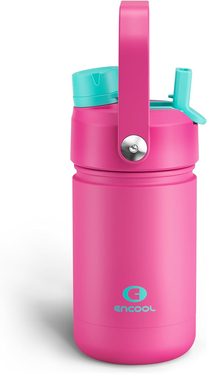 ENCOOL Kids Insulated Water Bottle with Straw - 12oz Stainless Steel Water Bottle with Dual Spouts, Leak-Proof, BPA-Free, Double Wall Vacuum Keeps Cold for 24 Hours for Sports, Travel (Light Crimson)