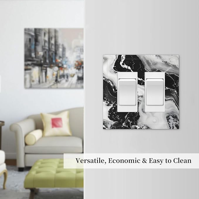Ink Painting Marble Black White Abstract Luxurious Print Decorative Outlet Covers 2 Gang Double GFCI Rocker Electrical Wall Panels Light Switch Cover Plate for Kitchen Office Decor