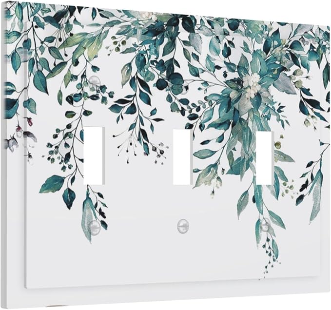 Decorative Light Switch Cover Plate Green Eucalyptus Boho Olive Leaves Country Unique 3 Gang Wall Plate Switch Plate Covers Triple Toggle Jumbo Electrical Faceplate for Bedroom Decor