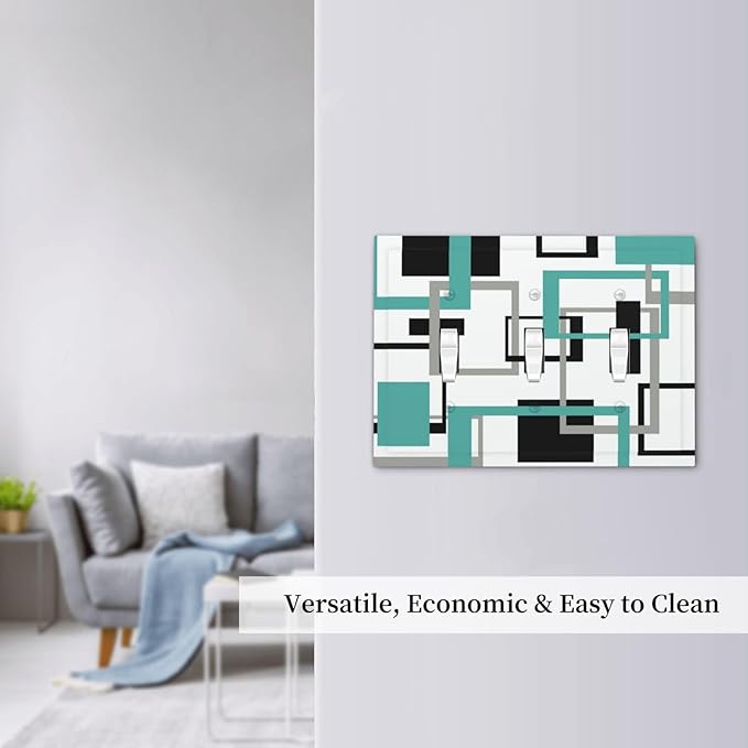 Geometric Turquoise Black Gray Modern Abstract Boho Decorative Switch Plates 3 Gang Wall Plate Triple Toggle Light Switch Cover Faceplate Electrical Wall Panels for Office Nursery Decor