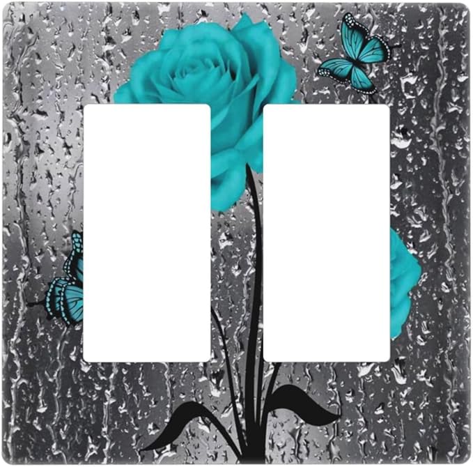 Aqua Blue Grey Raindrops Rose Floral 2 Gang Screwless Double GFCI Decorator/Rocker Outlet Light Switch Covers Woman Elegant Pretty Teal Flower Decorative Dual Device Receptacle Face Wall Plate Cover