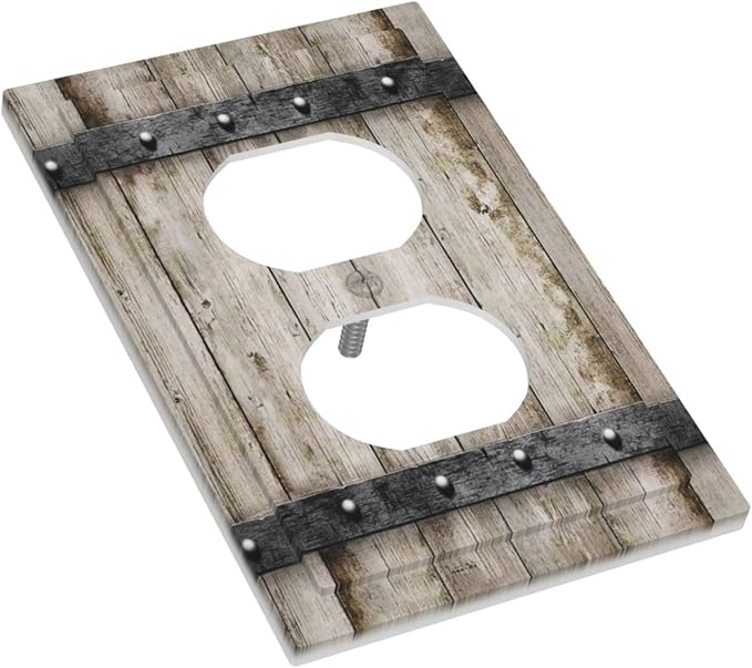 1 Gang Single Duplex Receptacle Outlet Cover Western Barn Rustic Cabin Vintage Brown Wooden Wood Retro Metal Texture Electrical Wall Plate One Gang Dual Device Light Switch Faceplate Socket Plug Cover