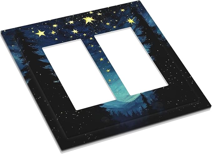 Decorative Outlet Covers Blue Starry Sky Forest Painted Star Pine Tree Oil Painting 2 Gang Double GFCI Rocker Electrical Wall Panels Light Switch Cover Plate for Bedroom Cabin Decor